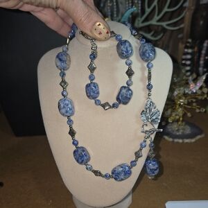 Gorgeous Blue Beaded Necklace And Bracelet with Silver Accents